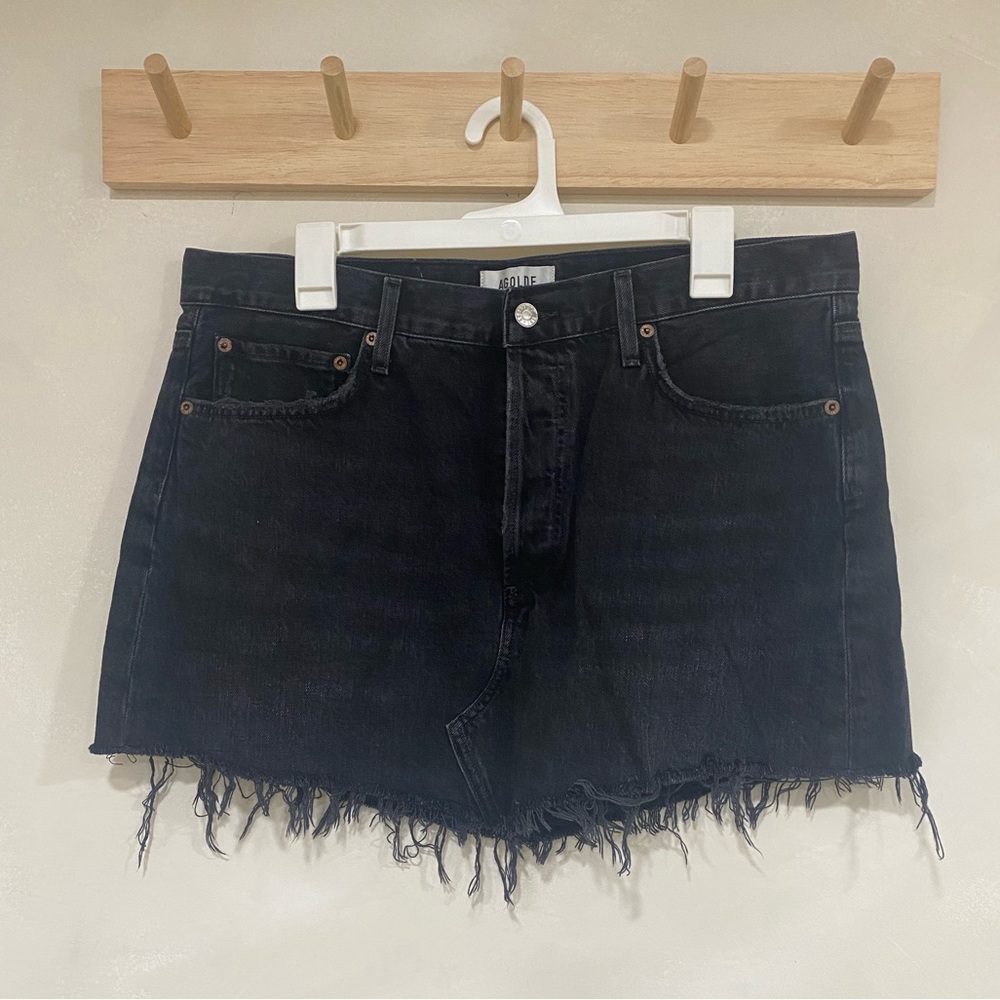 AGOLDE Parker Angled Denim Jean Skirt Frayed Hem Mini Beguile Black Size 31